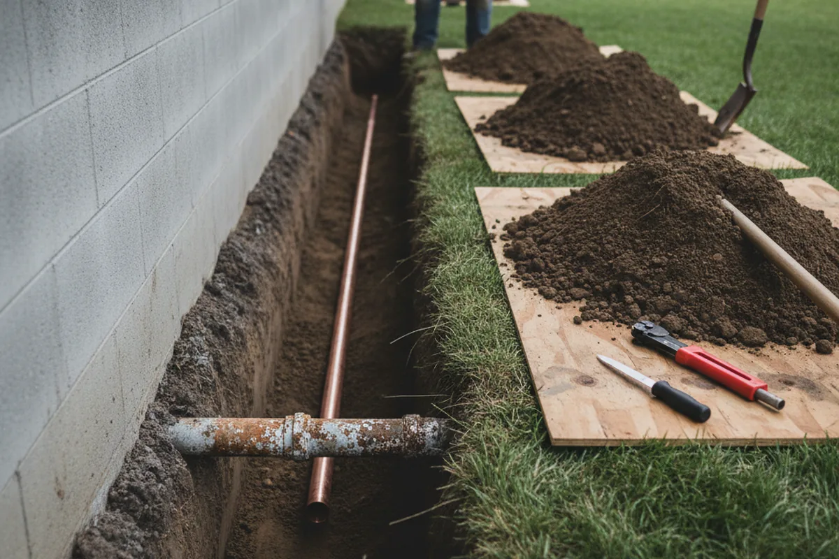 Excavated water line trench during Sewer Line Repair in Brooker